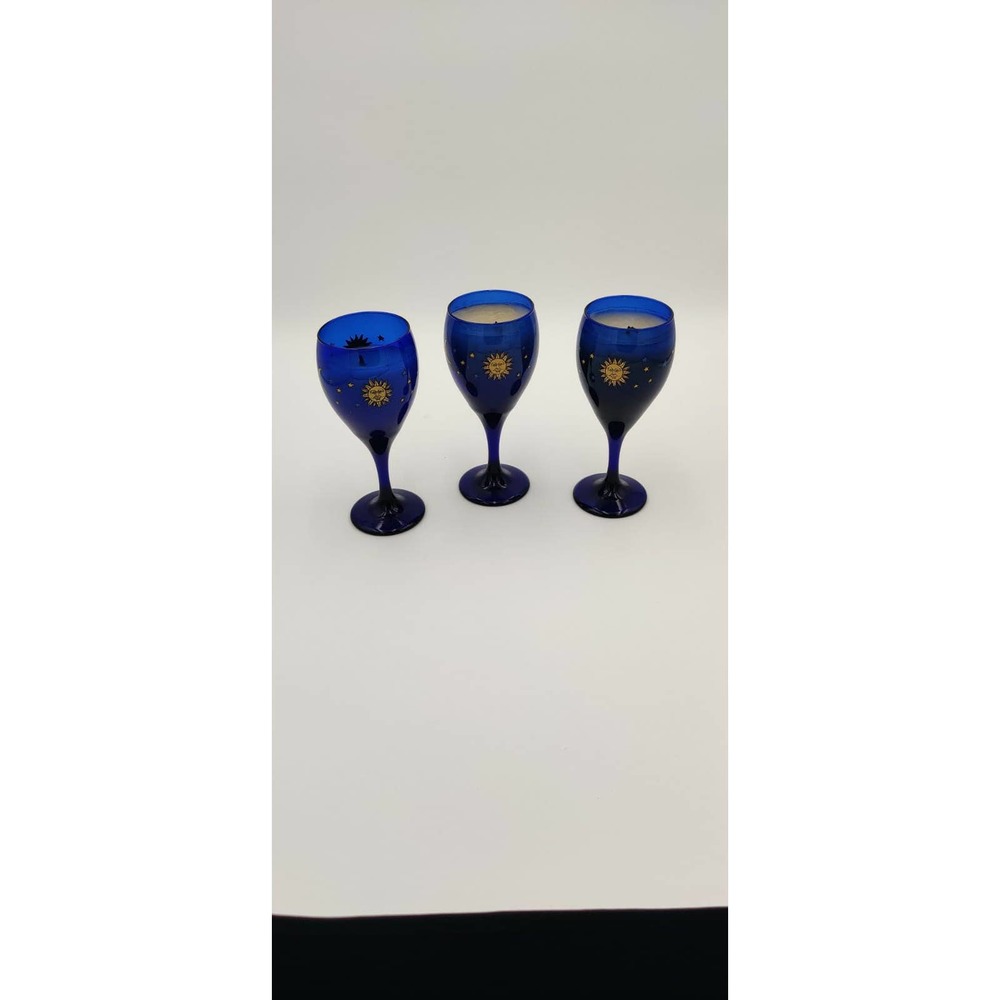 Rare 3 Cobalt Blue Glass Wine Steamed Glasses.